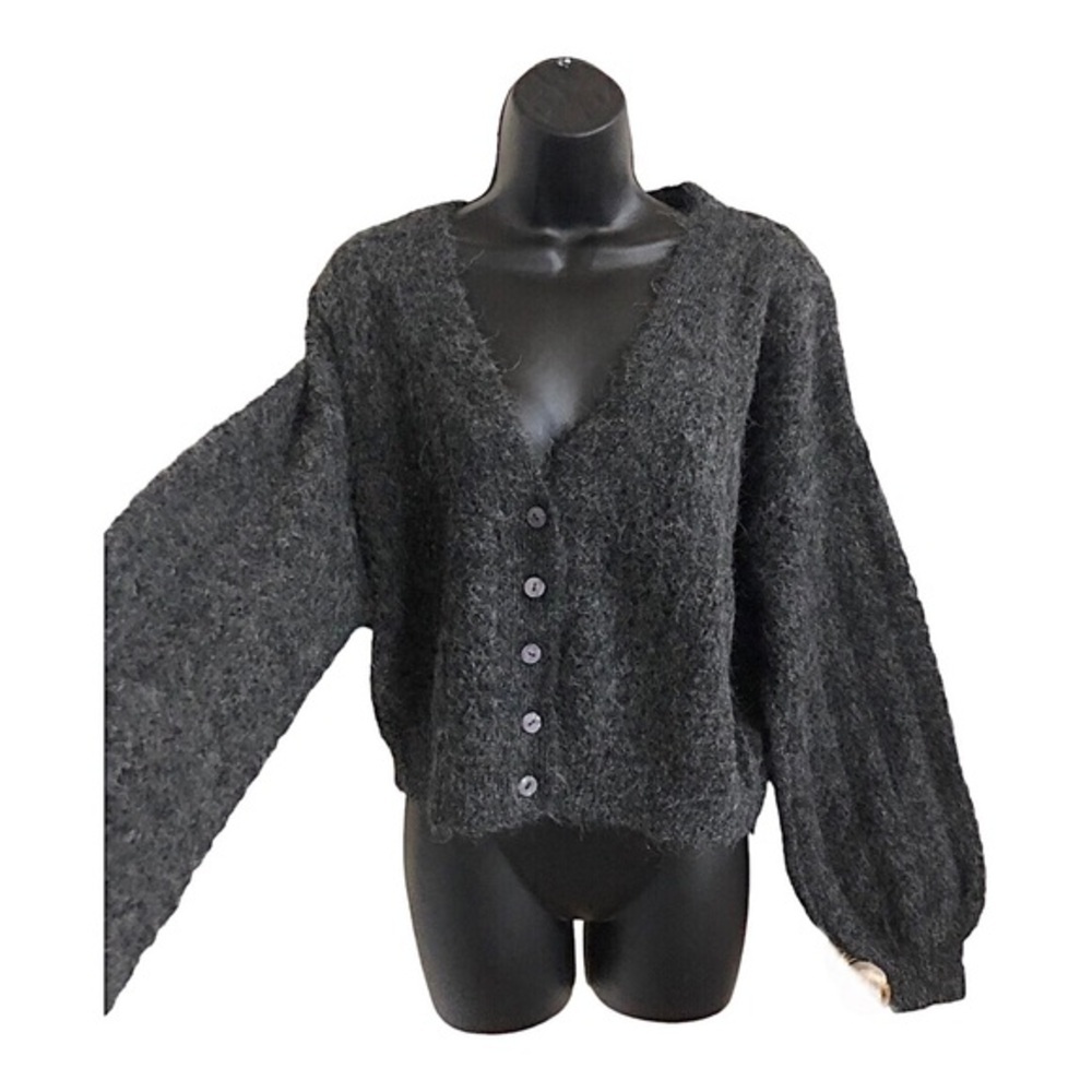 Free‎ People Ameila Alpaca charcoal gray Pointelle Cardigan medium brand new